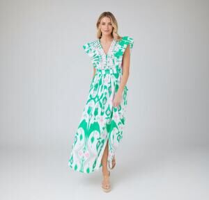 Sheridan French Stacey Floral Green and White Maxi Dress with Flutter Sleeves